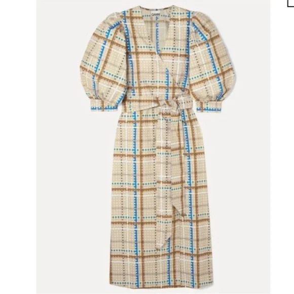 GANNI Checked Cotton-poplin Wrap Midi Dress Size 38 Medium 6 - Picture 2 of 13